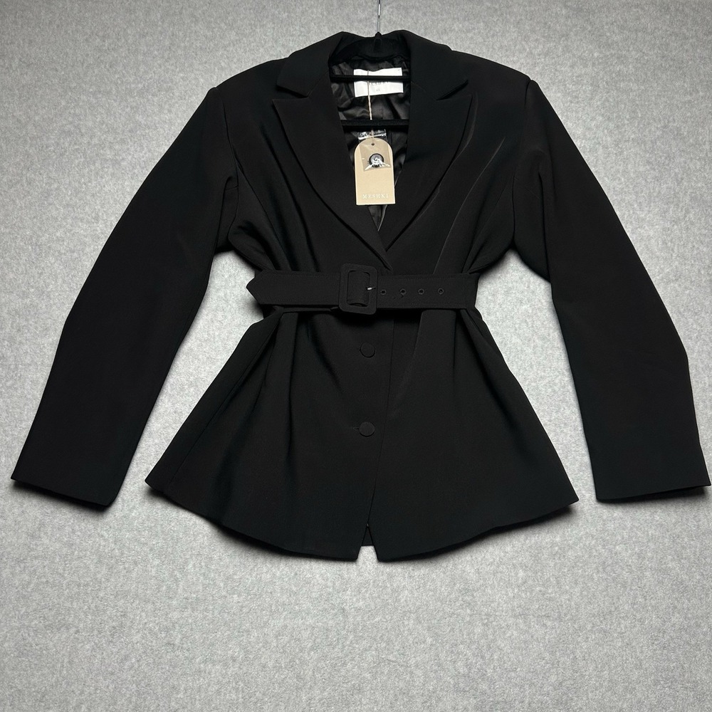 MESHKI Black Addie Belted Blazer Dress Shoulder Pads Black Sz XS NEW
